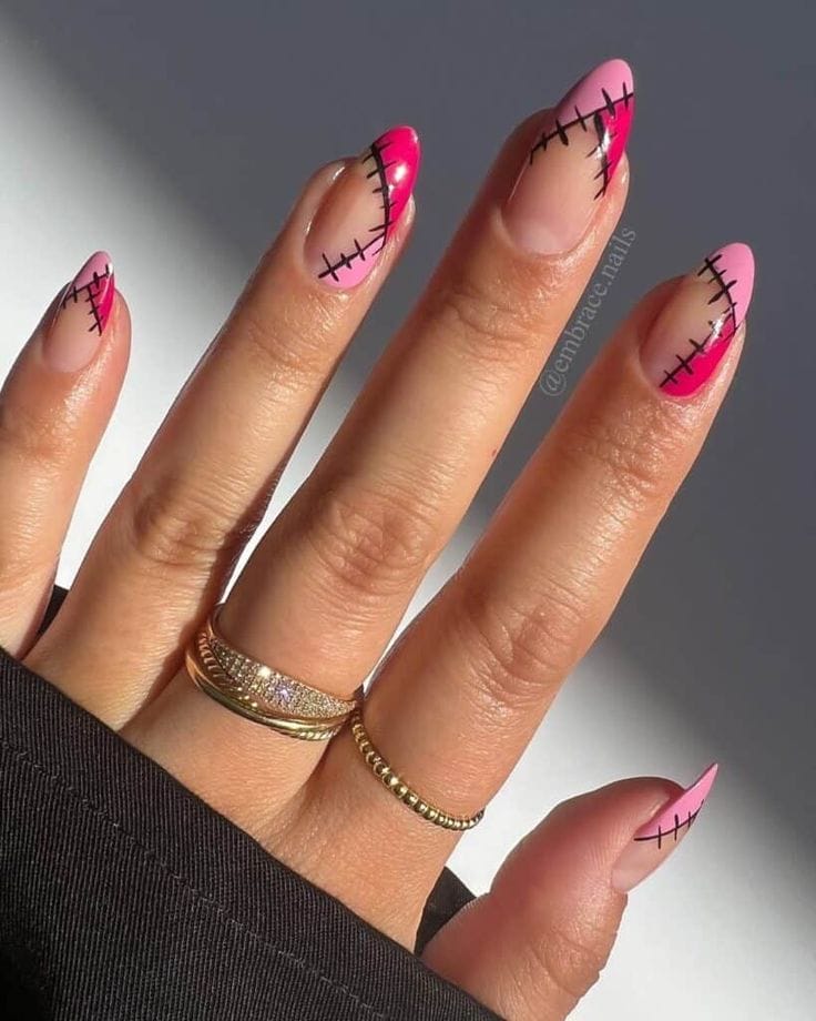 Pink Halloween Stitches Nail Design