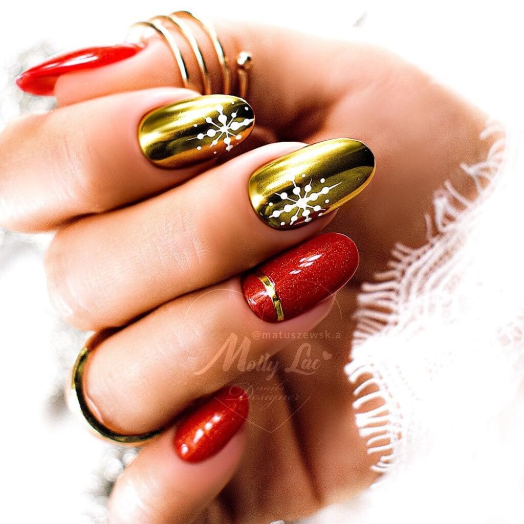 Red with Gold Christmas Nails 