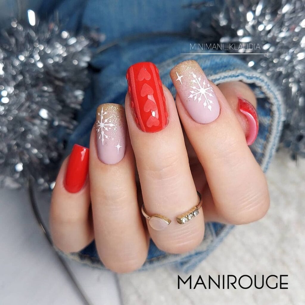 Snowflake Red Christmas Nails