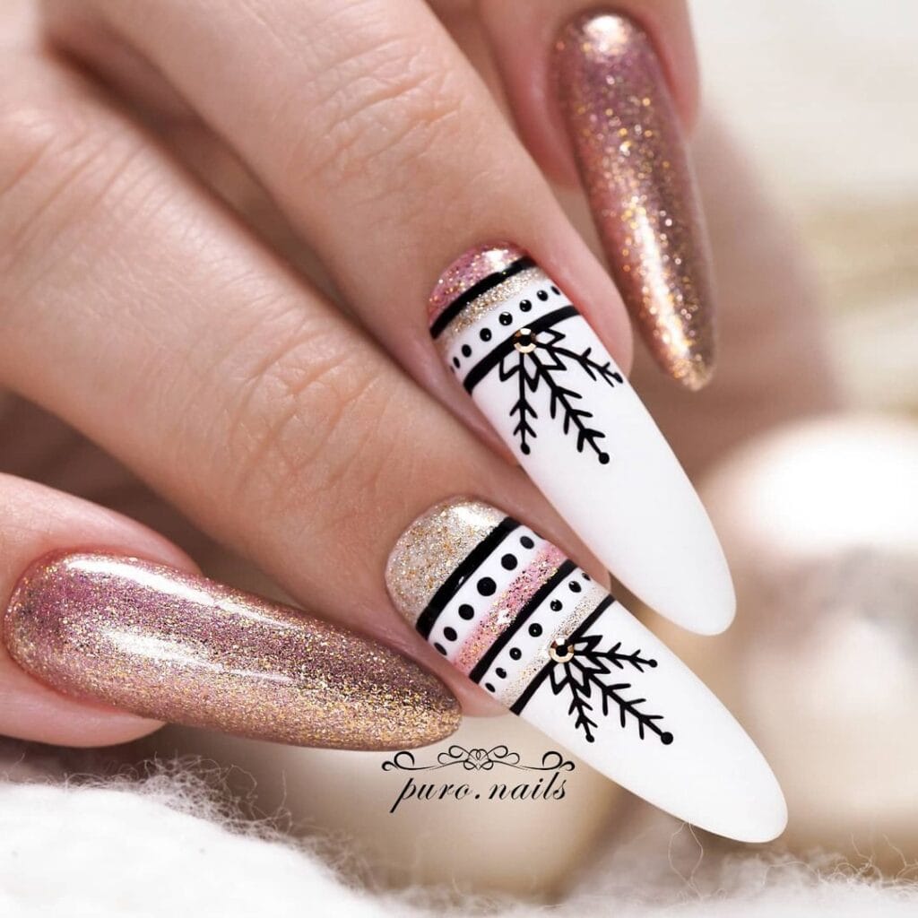 White with Gold Christmas Nails
