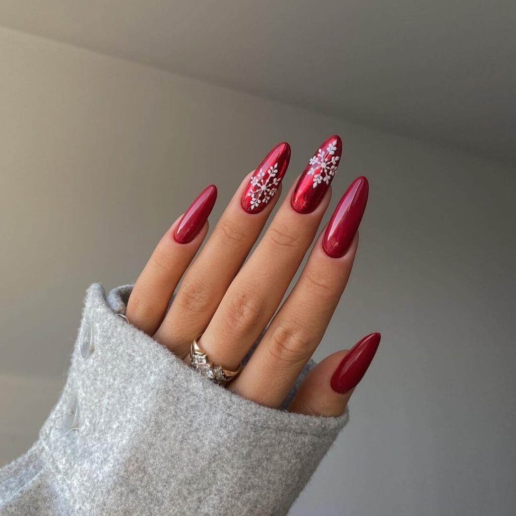 Snowflake Red Christmas Nails