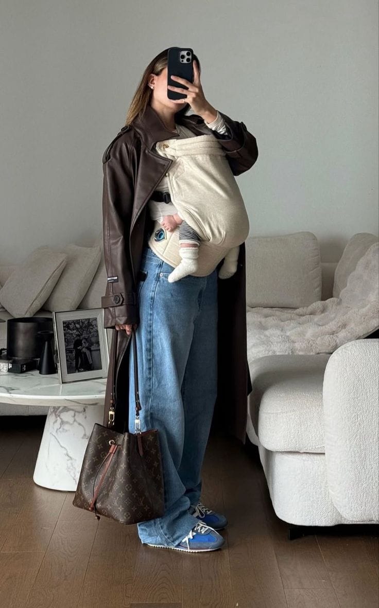 Mom Outfits Brown Leather Coat with Relaxed Blue Jeans and Neutral Top