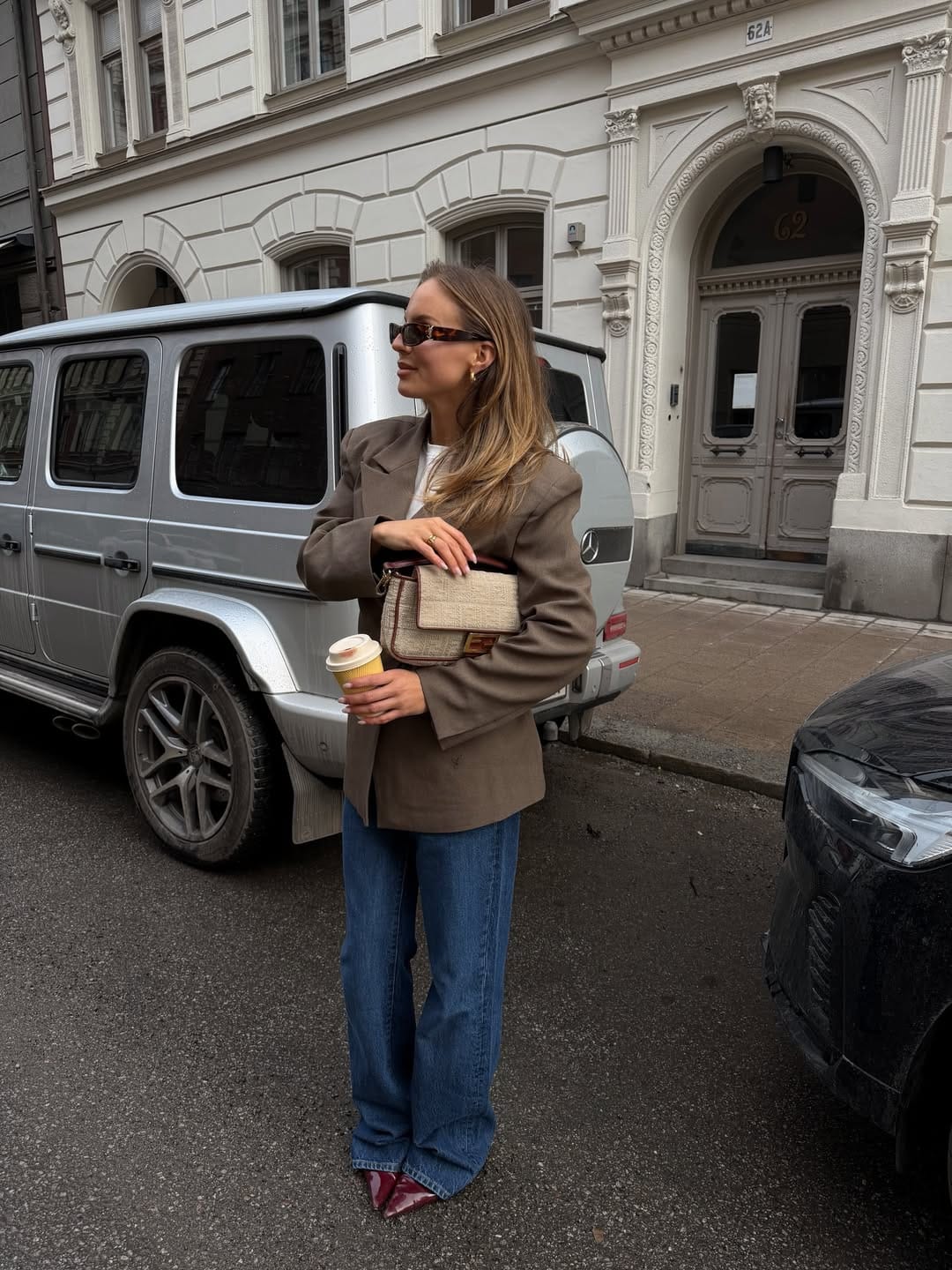 Mom Outfits Brown Blazer with Blue Jeans