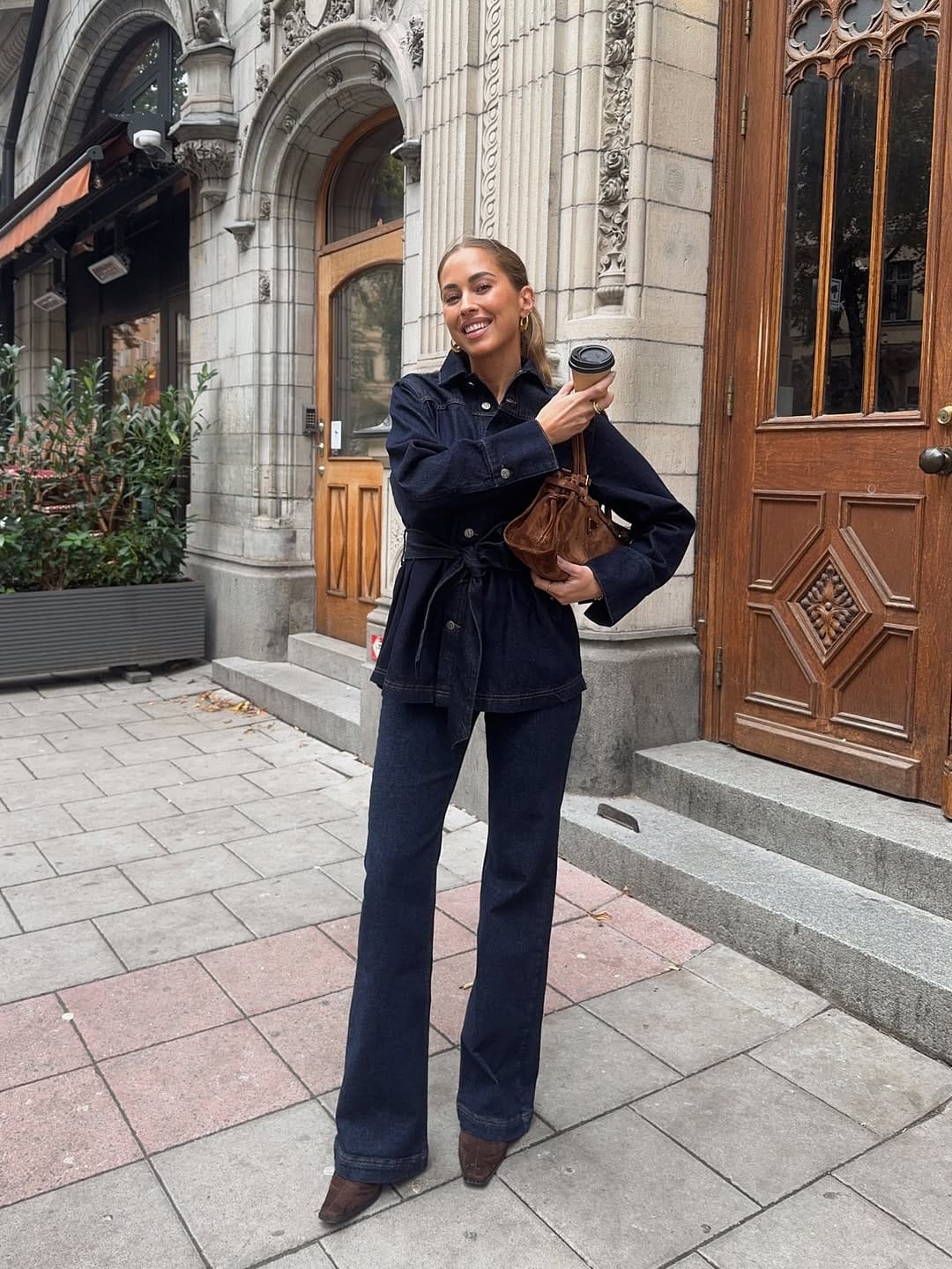 Mom Outfits Denim Jacket with Wide-Leg Jeans