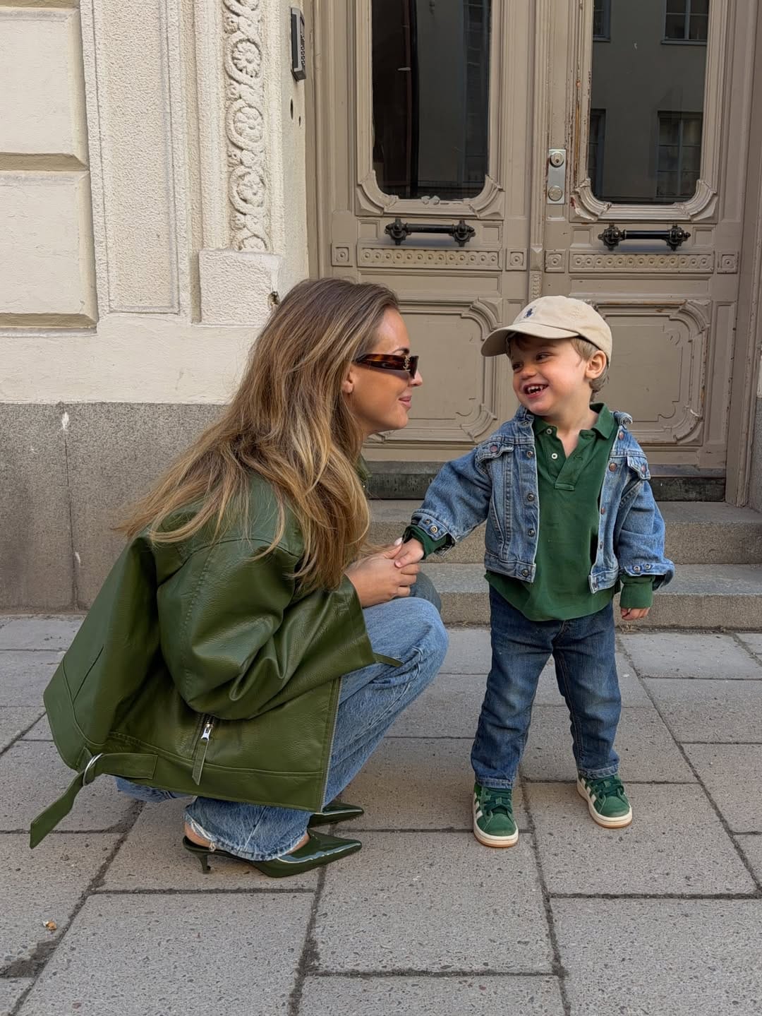 Mom Outfits Olive Green Leather Jacket with Classic Blue Jeans