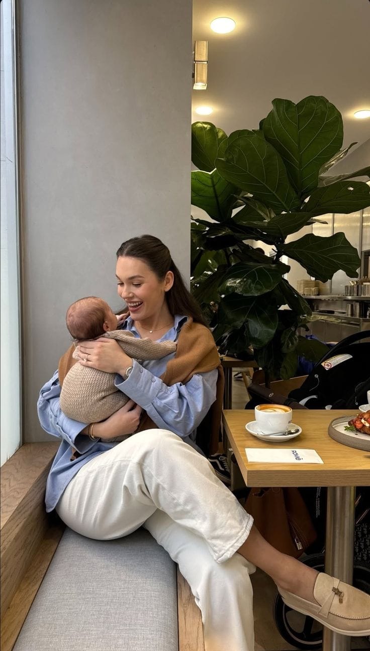 Mom Outfits Blue Button-Down with Cream Wide-Leg Pants and Camel Knit Layer