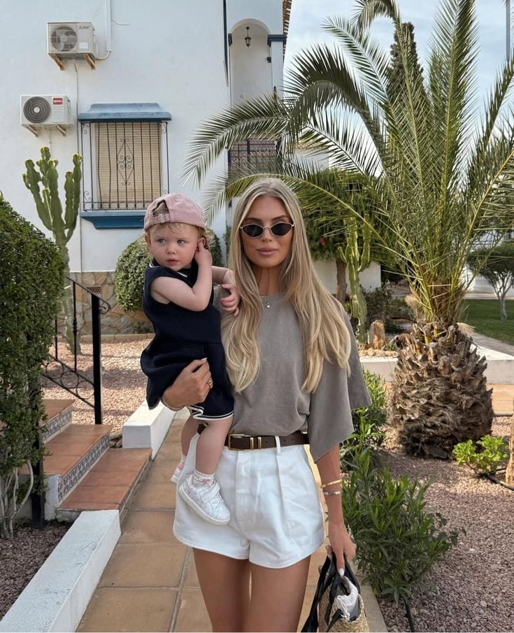 Mom Outfits Neutral Tee with White Shorts