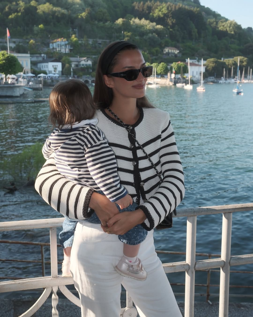 Mom Outfits Classic Striped Knit Cardigan with Crisp White Pants