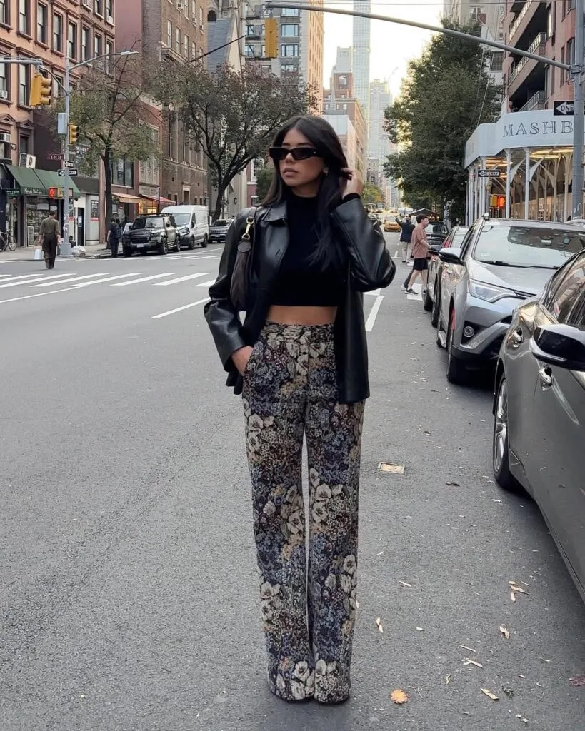Black leather jacket with floral pants New York outfit