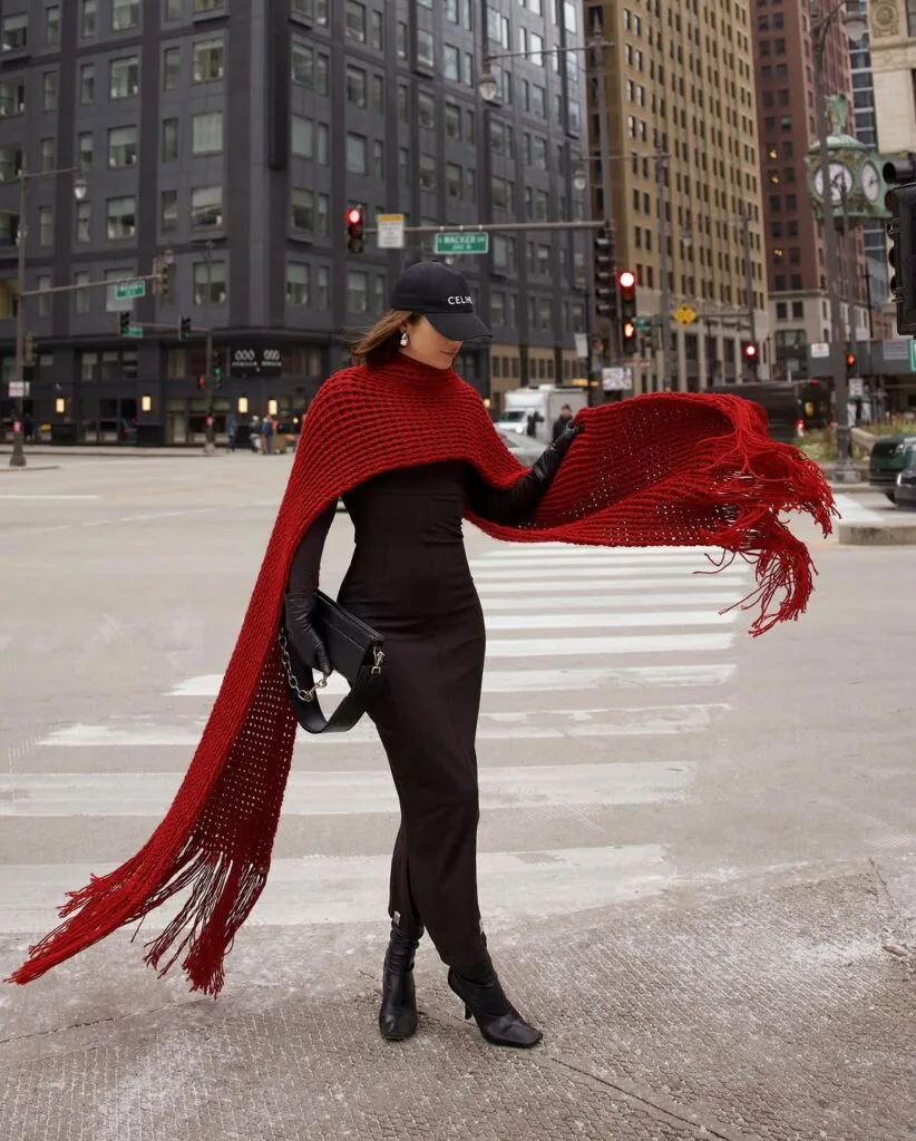 Black maxi dress red shawl and boots New York winter outfit