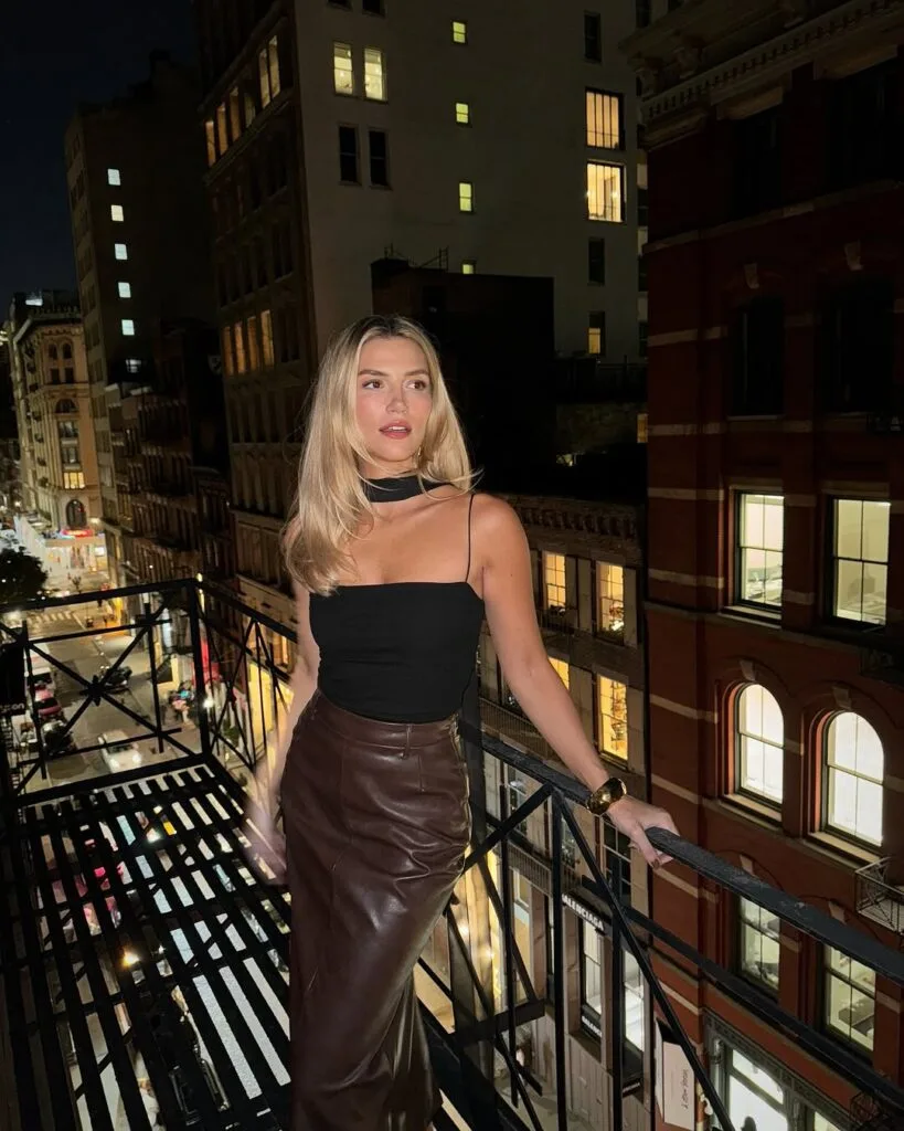 Black spaghetti strap top and brown leather skirt evening outfit
