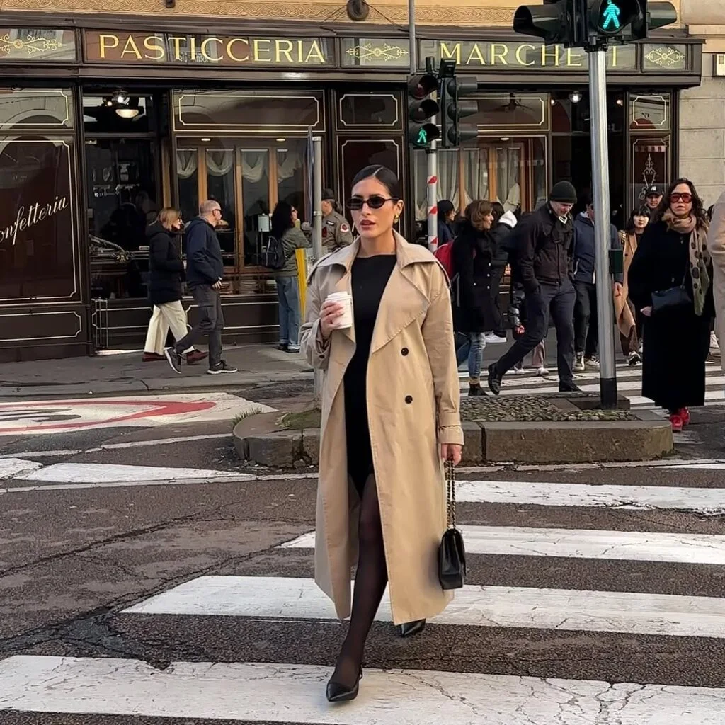 Beige trench coat black dress and heels New York outfit