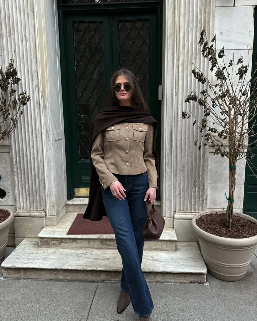 Beige jacket with flared jeans New York street style outfit