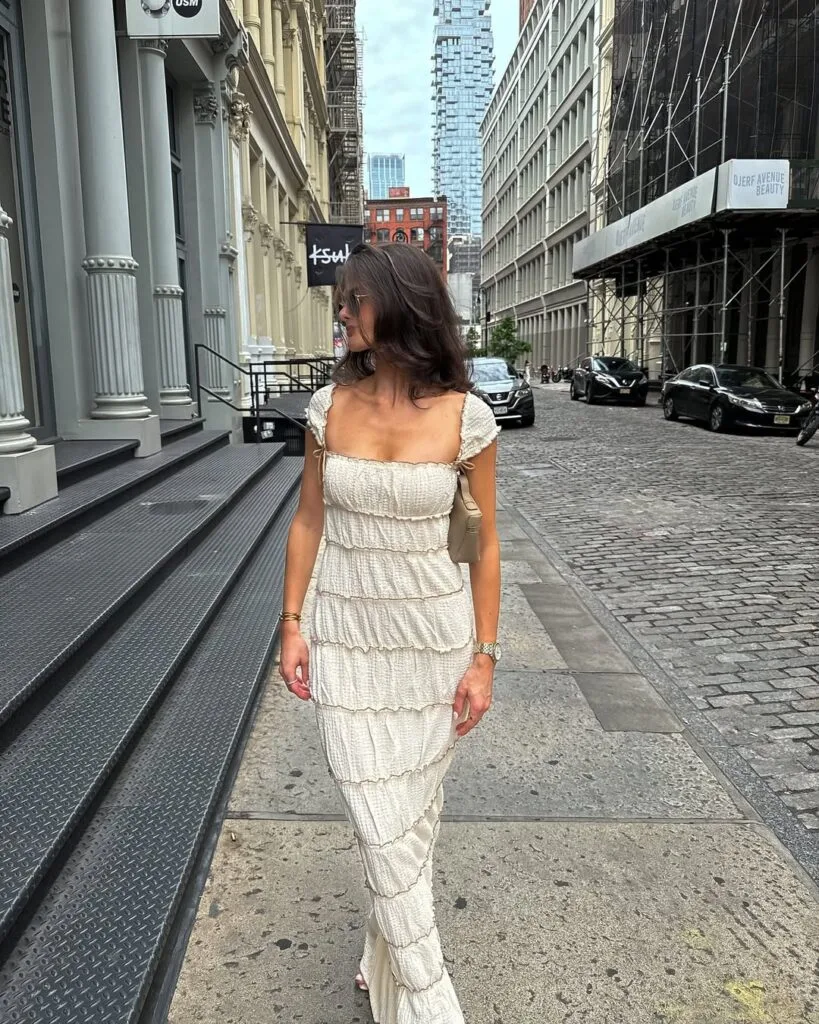 Neutral tiered maxi dress New York summer outfit