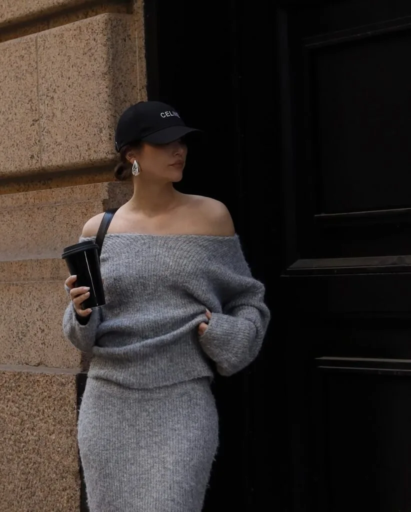 Gray off shoulder knit outfit with black cap