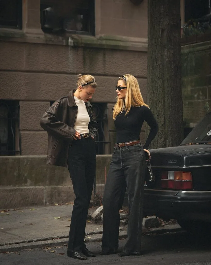 Black leather jacket and high waisted jeans New York street outfit