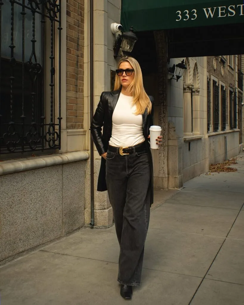 Black leather coat white top and wide leg jeans outfit
