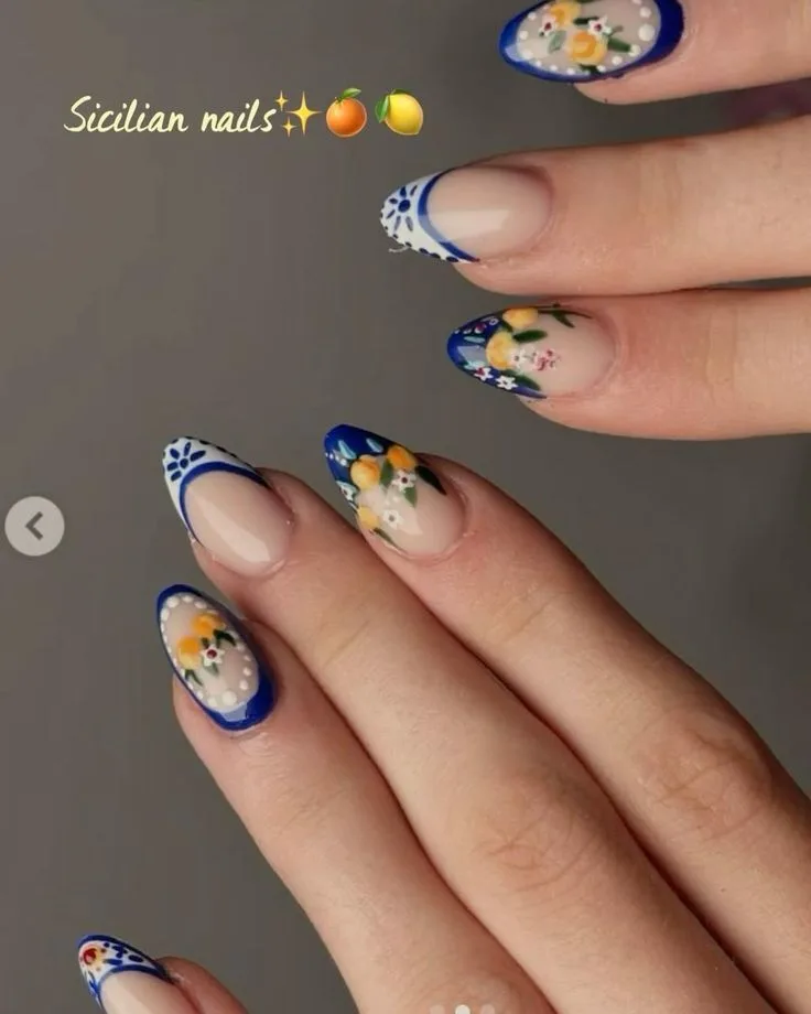 Sicilian floral August nails inspired by Mediterranean patterns and colorful floral motifs.