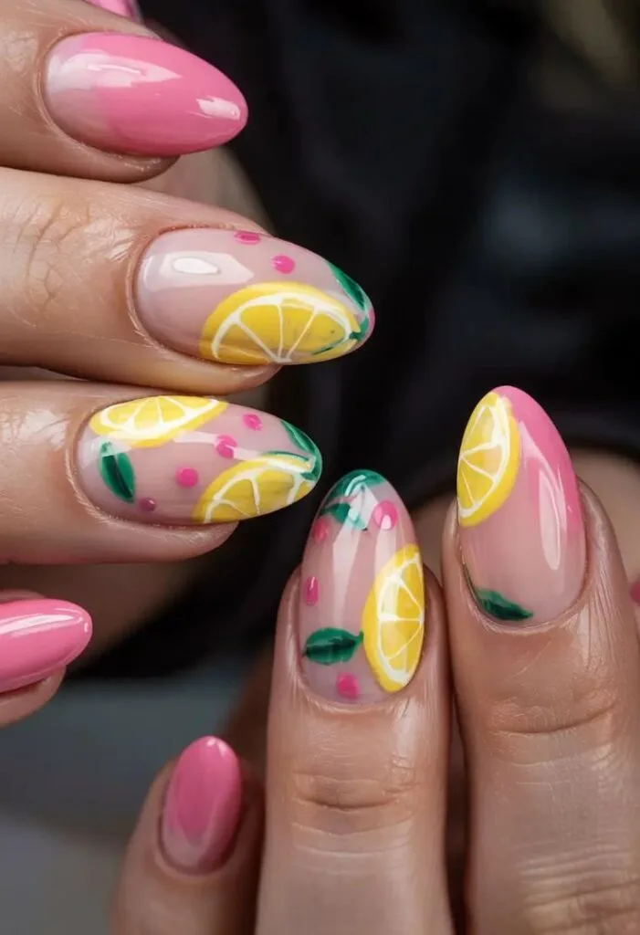 Pink citrus slice August nails with bright fruit-inspired artwork and vibrant pink polish