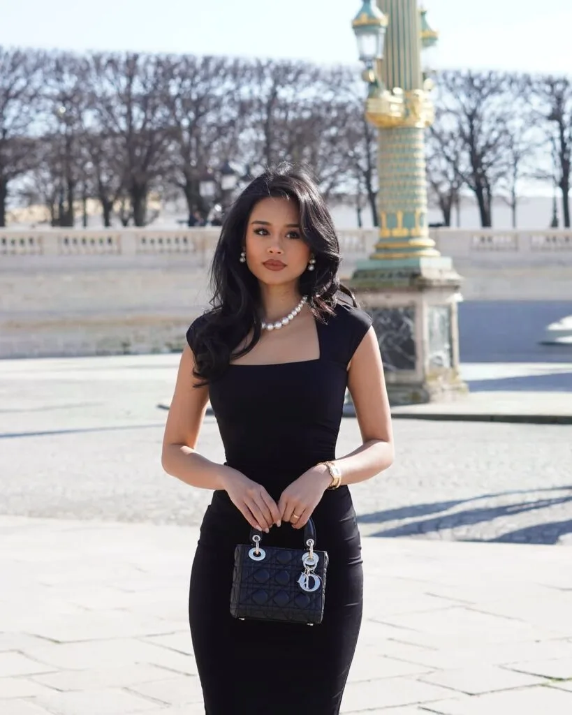 Fitted black cap-sleeve dress with classic accessories