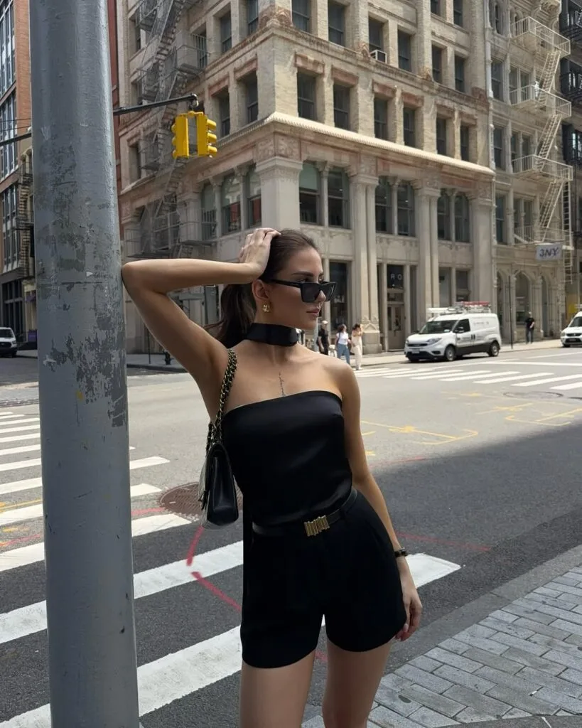 Black strapless top with high-waisted shorts
