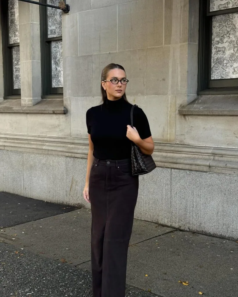 Black mock neck top with wide-leg jeans