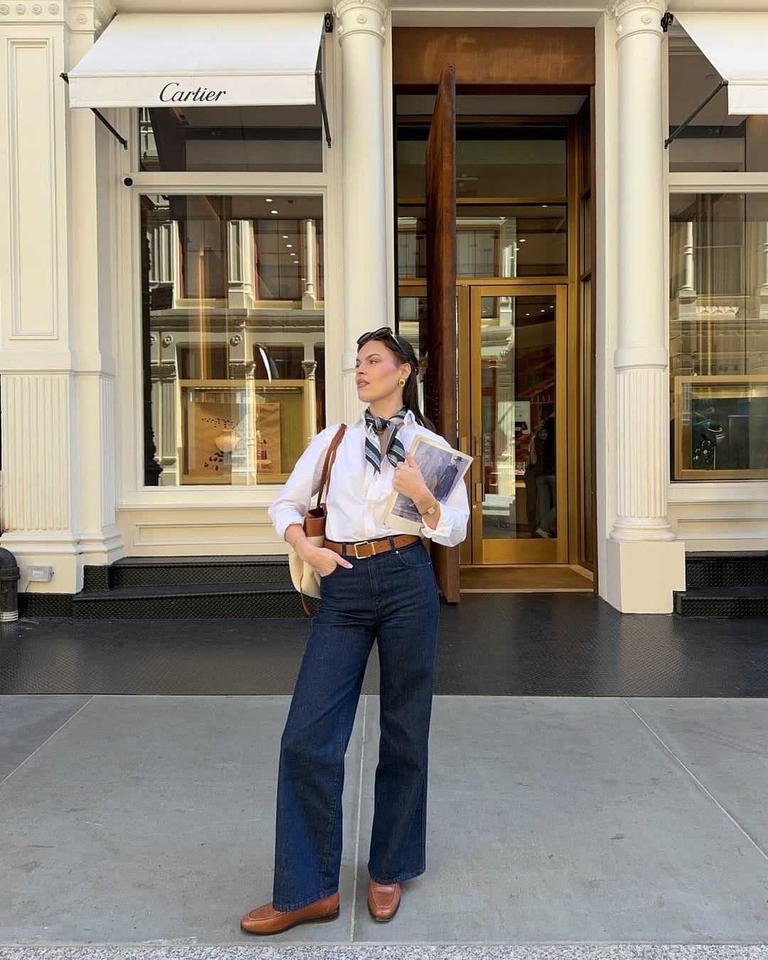 NYC Spring Outfits White Poplin Shirt & Indigo Wide-Legs