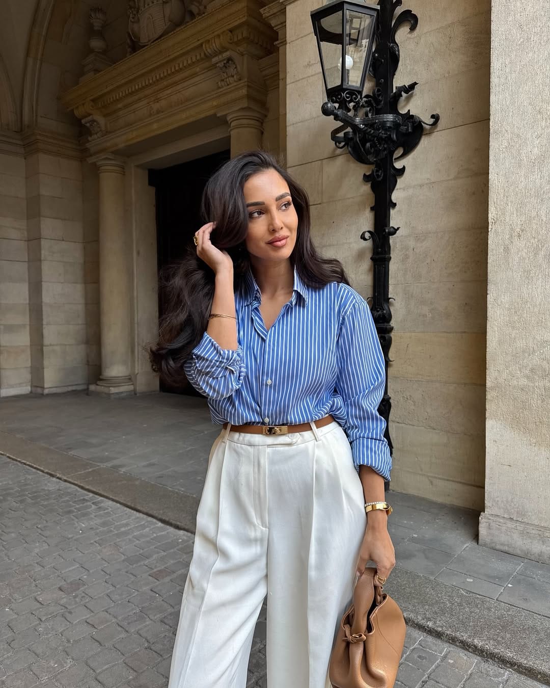 NYC Spring Outfits Striped Shirt & Tailored White Trousers