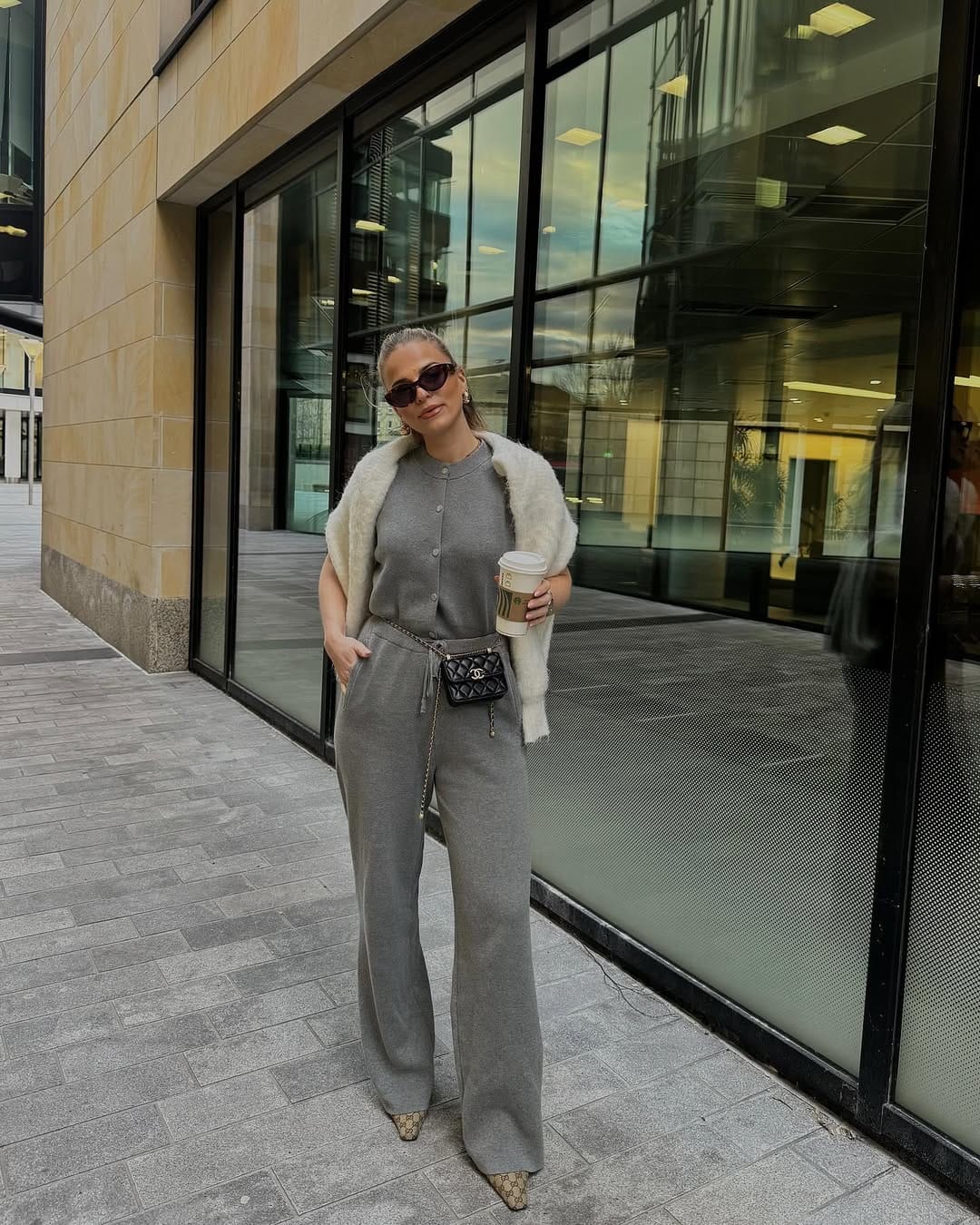 NYC Spring Outfits Slate Knit Set & Fur Trim Jacket