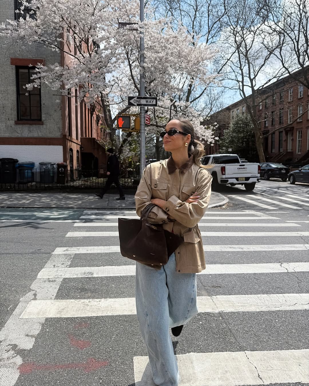 NYC Spring Outfits Khaki Utility Jacket & Baggy Denim