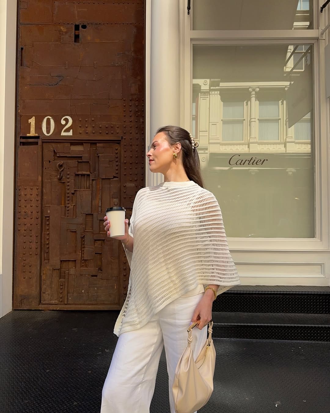NYC Spring Outfits Asymmetric Crochet Cape & White Trousers