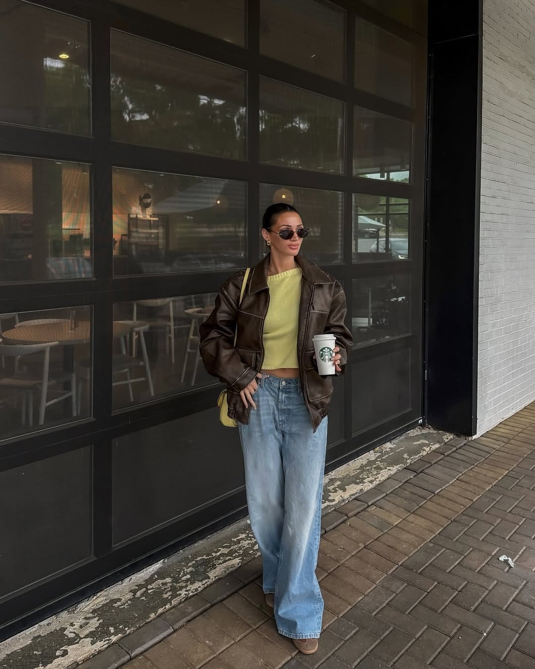 NYC Spring Outfits Chocolate Leather & Lime Green Knit