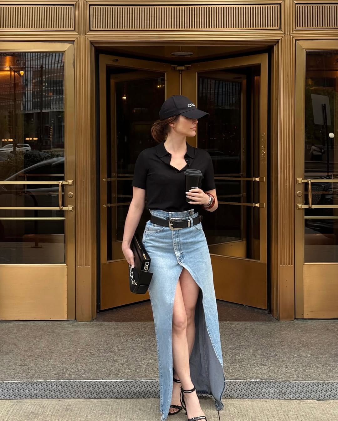 NYC Spring Outfits Ribbed Polo & Denim Maxi Skirt
