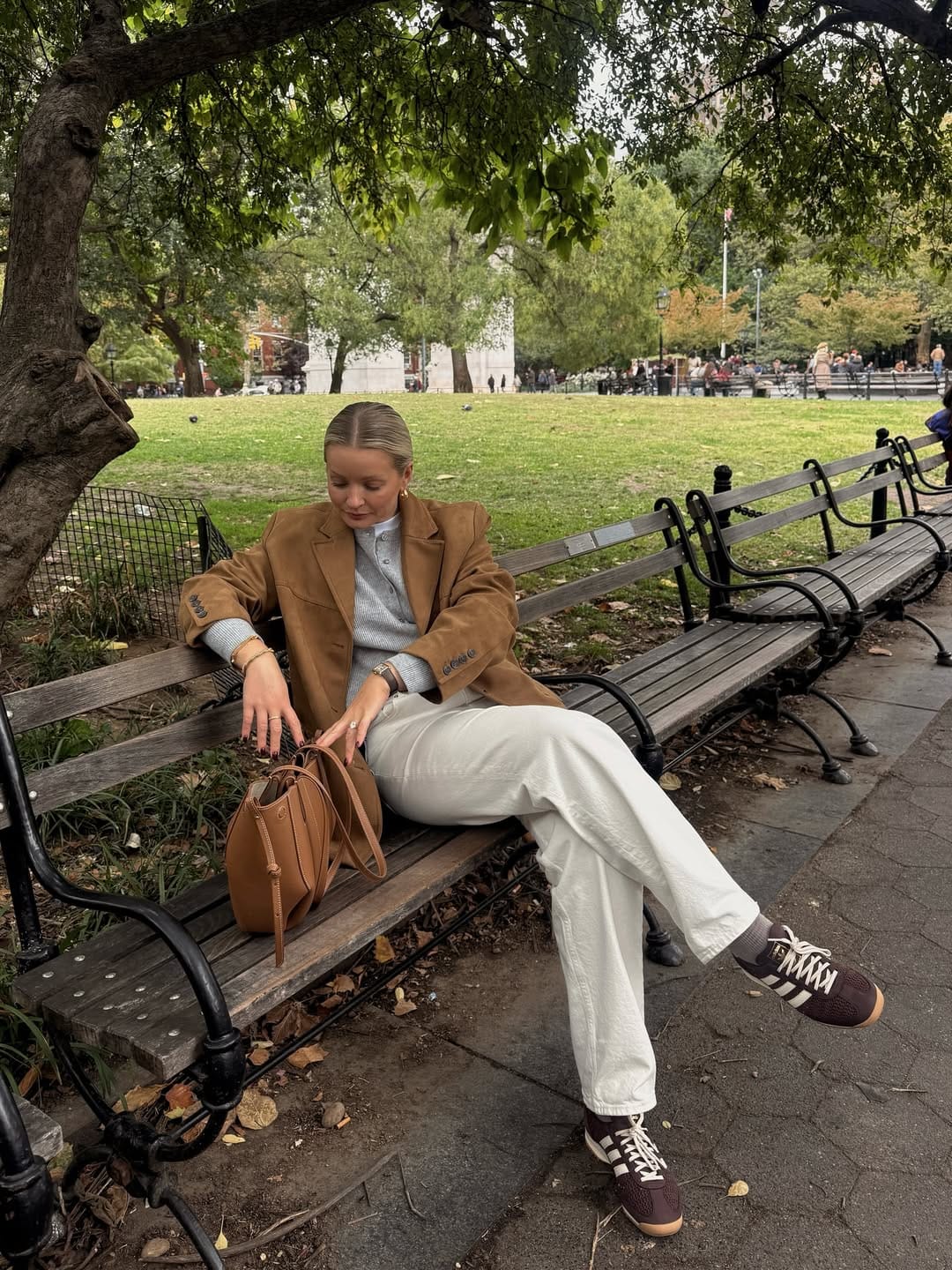 NYC Spring Outfits Brown Blazer & Wide-Leg White Trousers