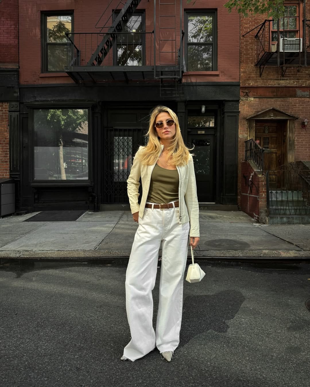 NYC Spring Outfits Olive Tank with Cream Jacket & White Trousers