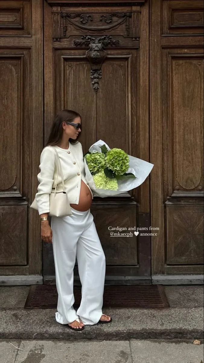 Spring Pregnancy Outfits Ivory Cardigan Wide-Leg Pants