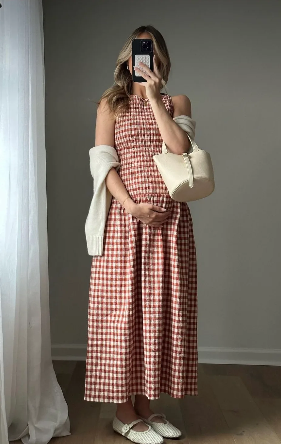 Spring Pregnancy Outfits Gingham Maxi Dress with Soft Neutrals