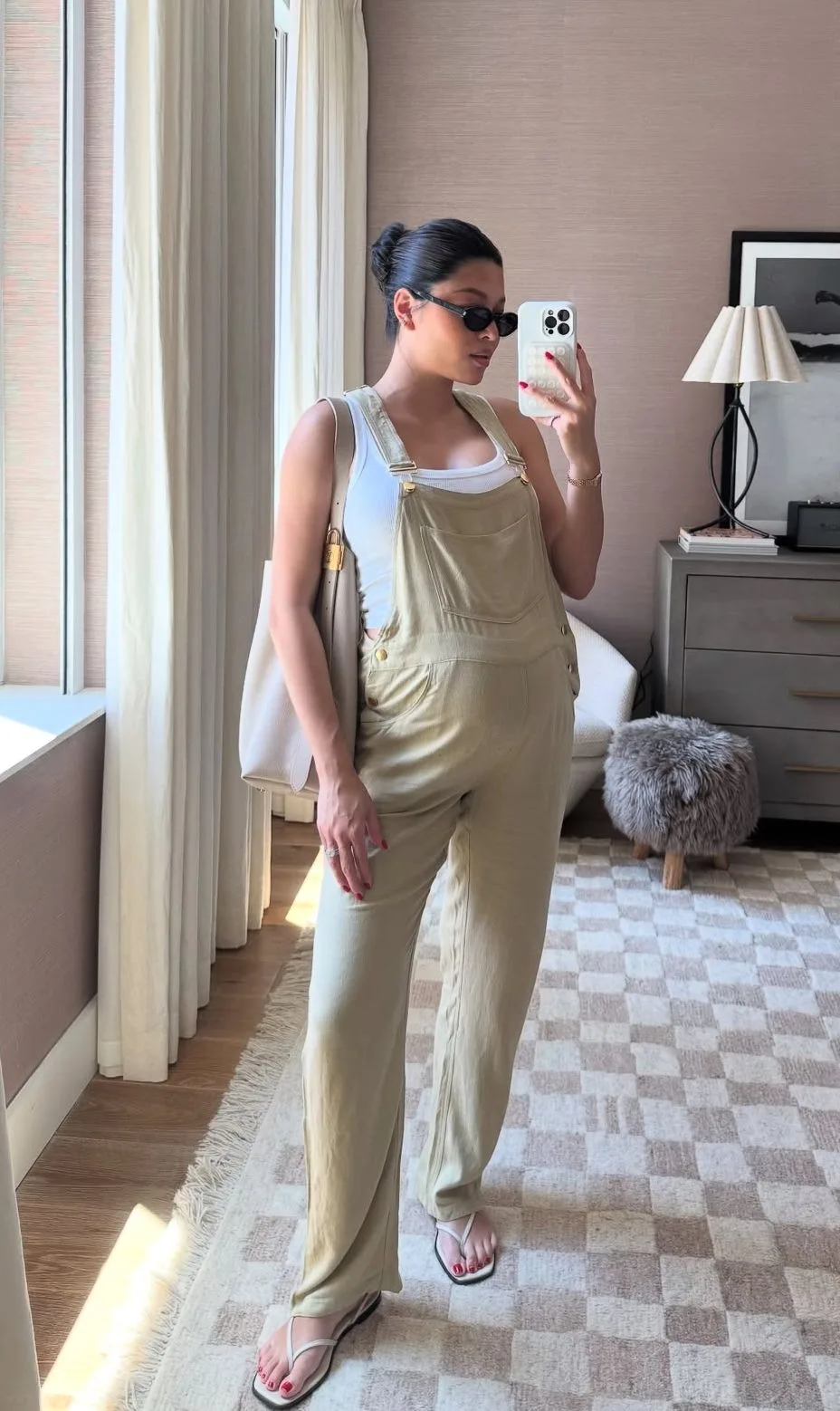 Spring Pregnancy Outfits Neutral Overalls with Tank