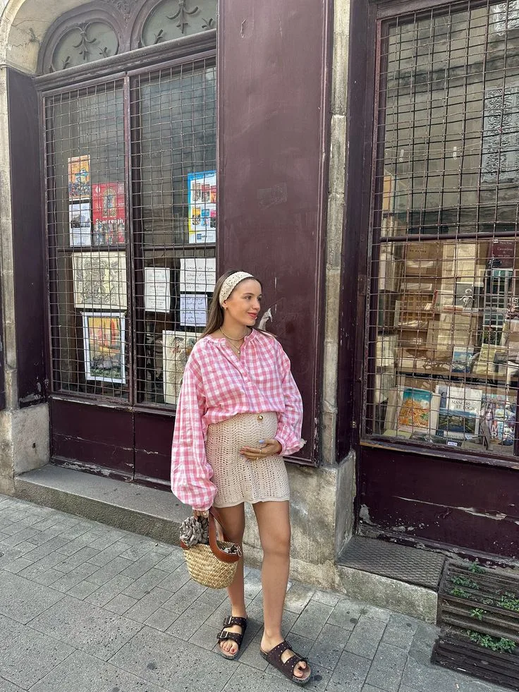 Spring Pregnancy Outfits Gingham Blouse with Knit Mini Skirt