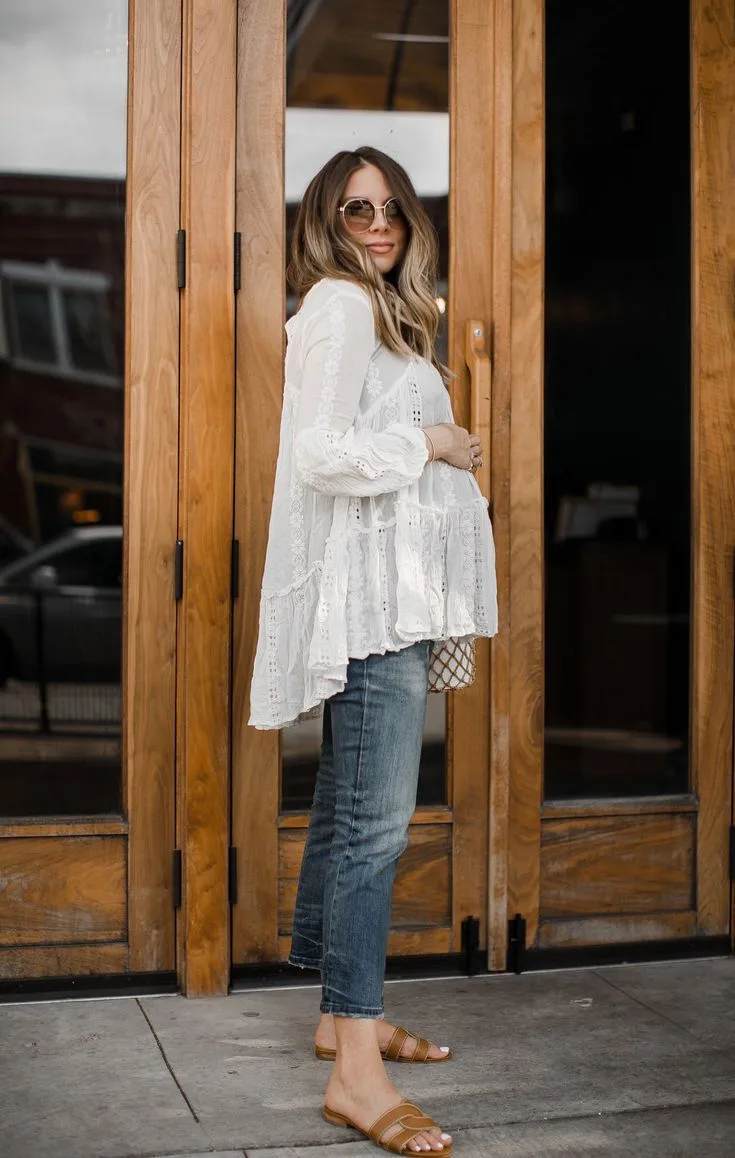 Spring Pregnancy Outfits Boho Lace Blouse with Straight-Leg Jeans