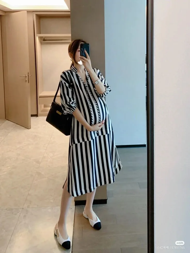 Spring Pregnancy Outfits Striped Shirt Midi Dress