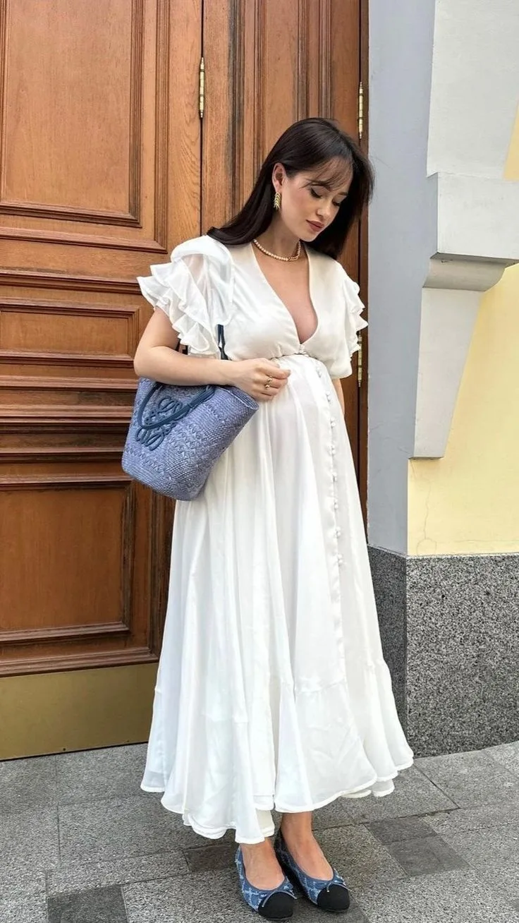 Spring Pregnancy Outfits Ethereal White Maxi Dress