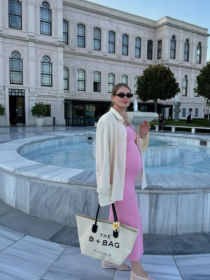 Spring Pregnancy Outfits Pink Midi Dress Shirt