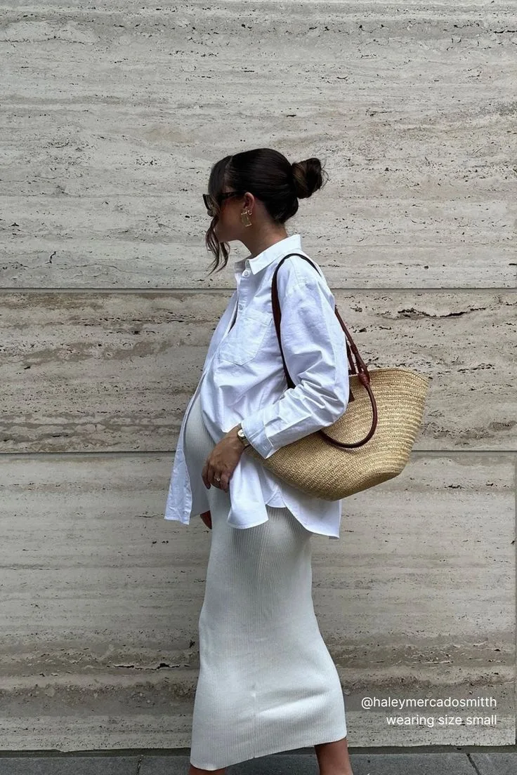 Spring Pregnancy Outfits Crisp Shirt Knit Dress