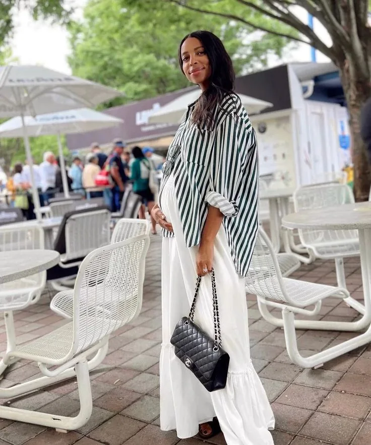 Spring Pregnancy Outfits Striped Shirt Maxi Dress