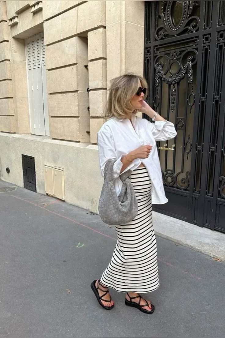 Spring Pregnancy Outfits Striped Knit Skirt with Crisp White Shirt