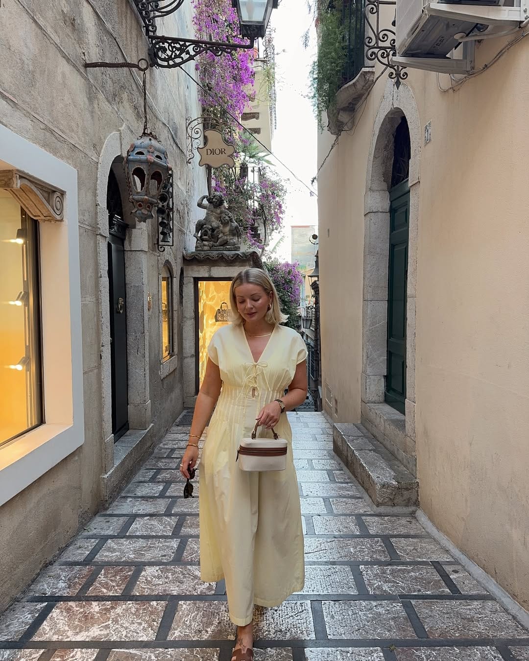 Butter yellow linen V-neck tie-waist midi dress breezy summer outfit