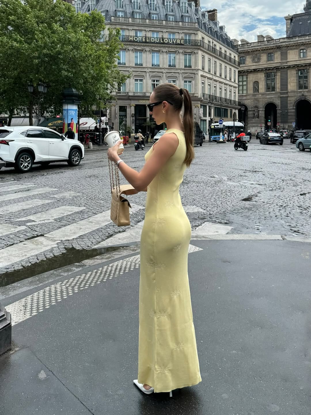 Butter yellow jacquard sleeveless column maxi dress with chain bag