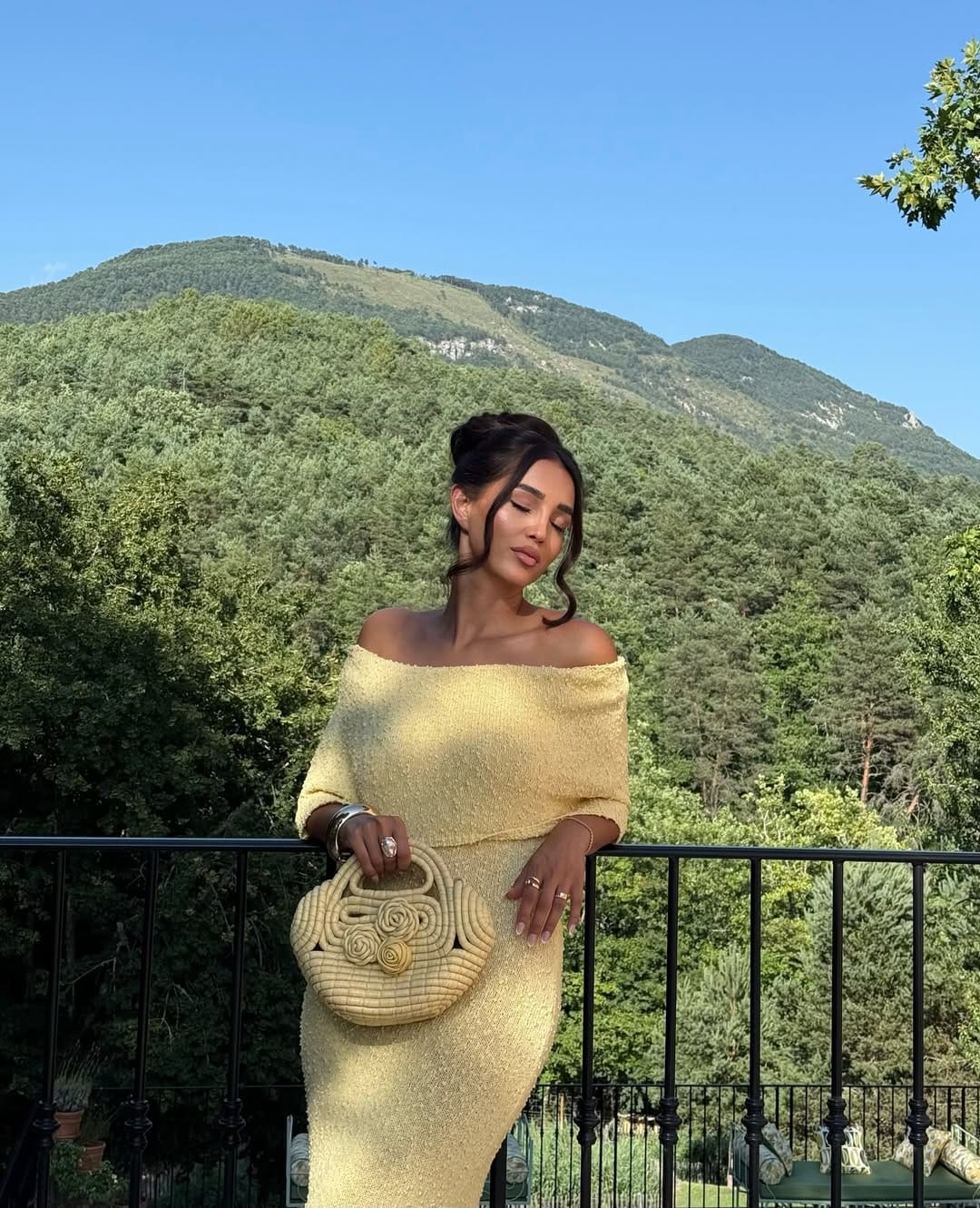 Butter yellow off-shoulder bouclé knit co-ord stylish matching set