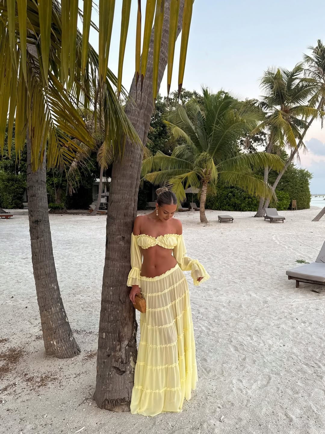 Butter yellow off-shoulder ruffle crop top with tiered maxi skirt summer set
